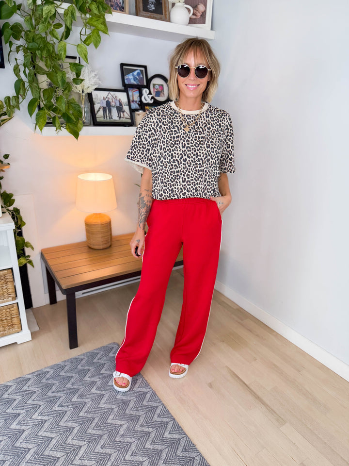 Ella Modal Straight Leg Pant- TRUE RED/CREAM-FINAL SALE