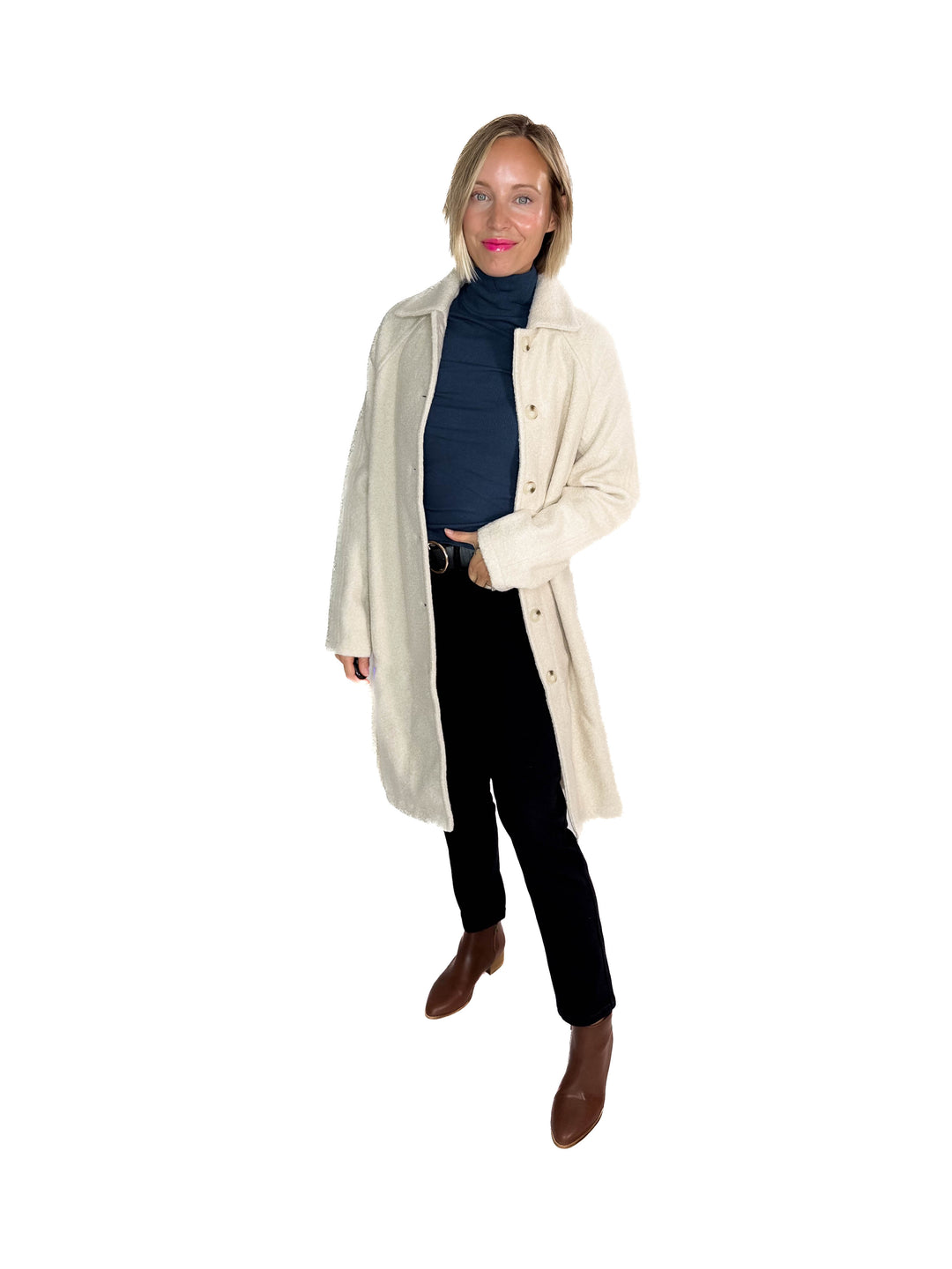 Frosty Boucle Long Button Coat- ECRU OATMEAL