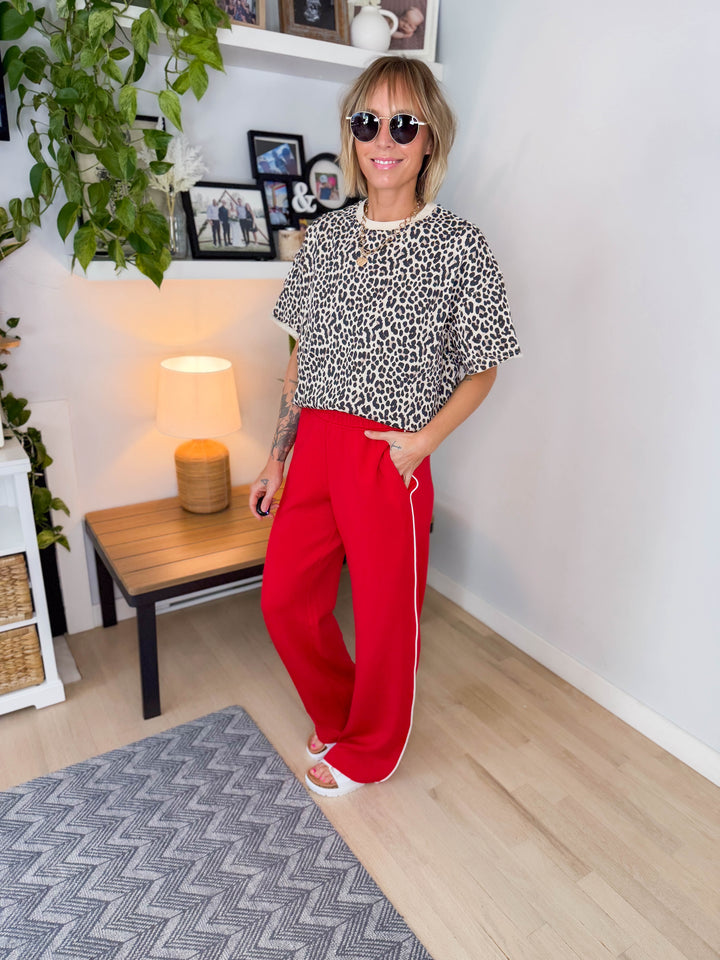 Ella Modal Straight Leg Pant- TRUE RED/CREAM-FINAL SALE