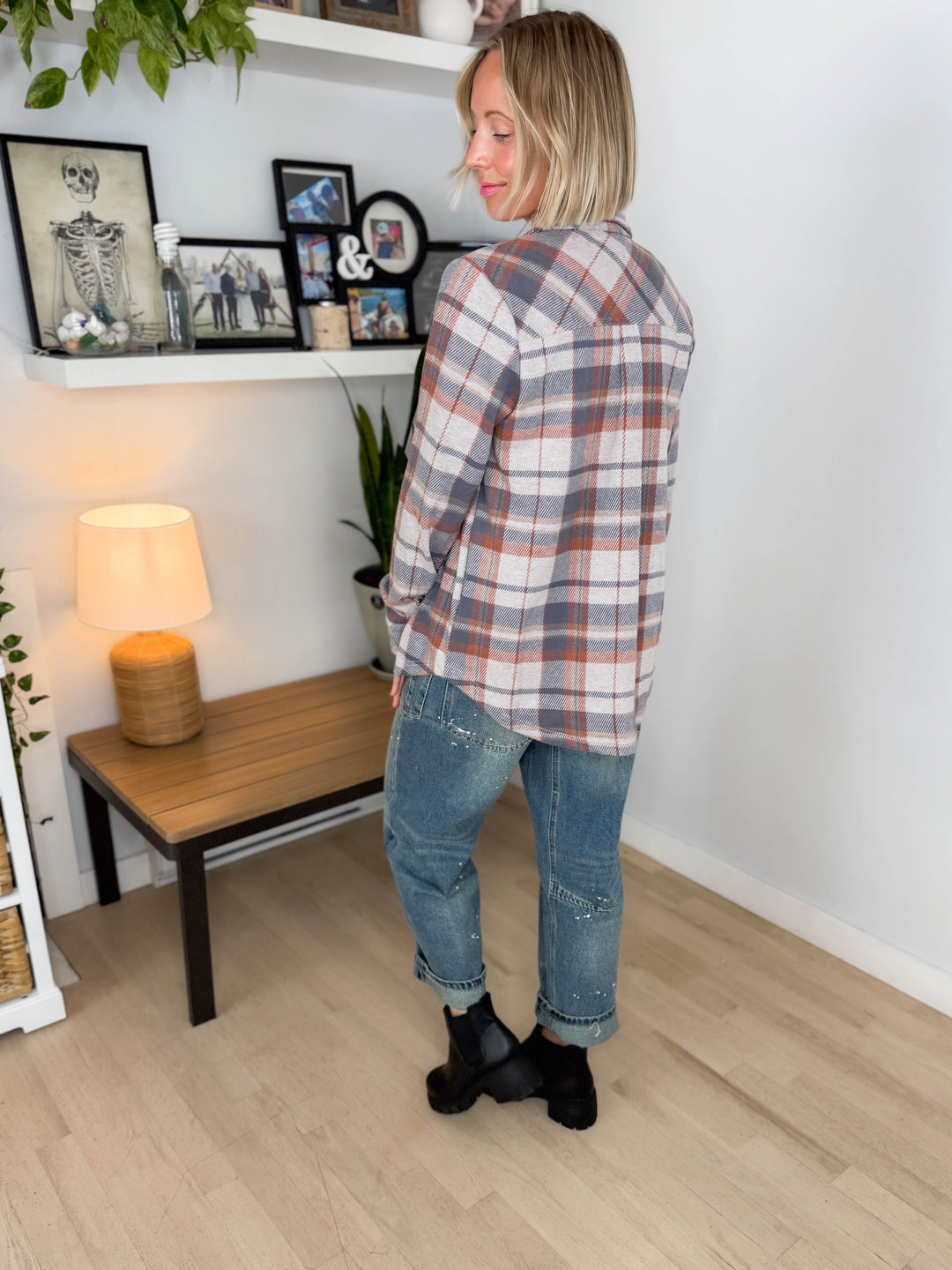 Arabella Plaid Button Up Shacket- DUSTY BLUE/ BIRCH & TAN-FINAL SALE