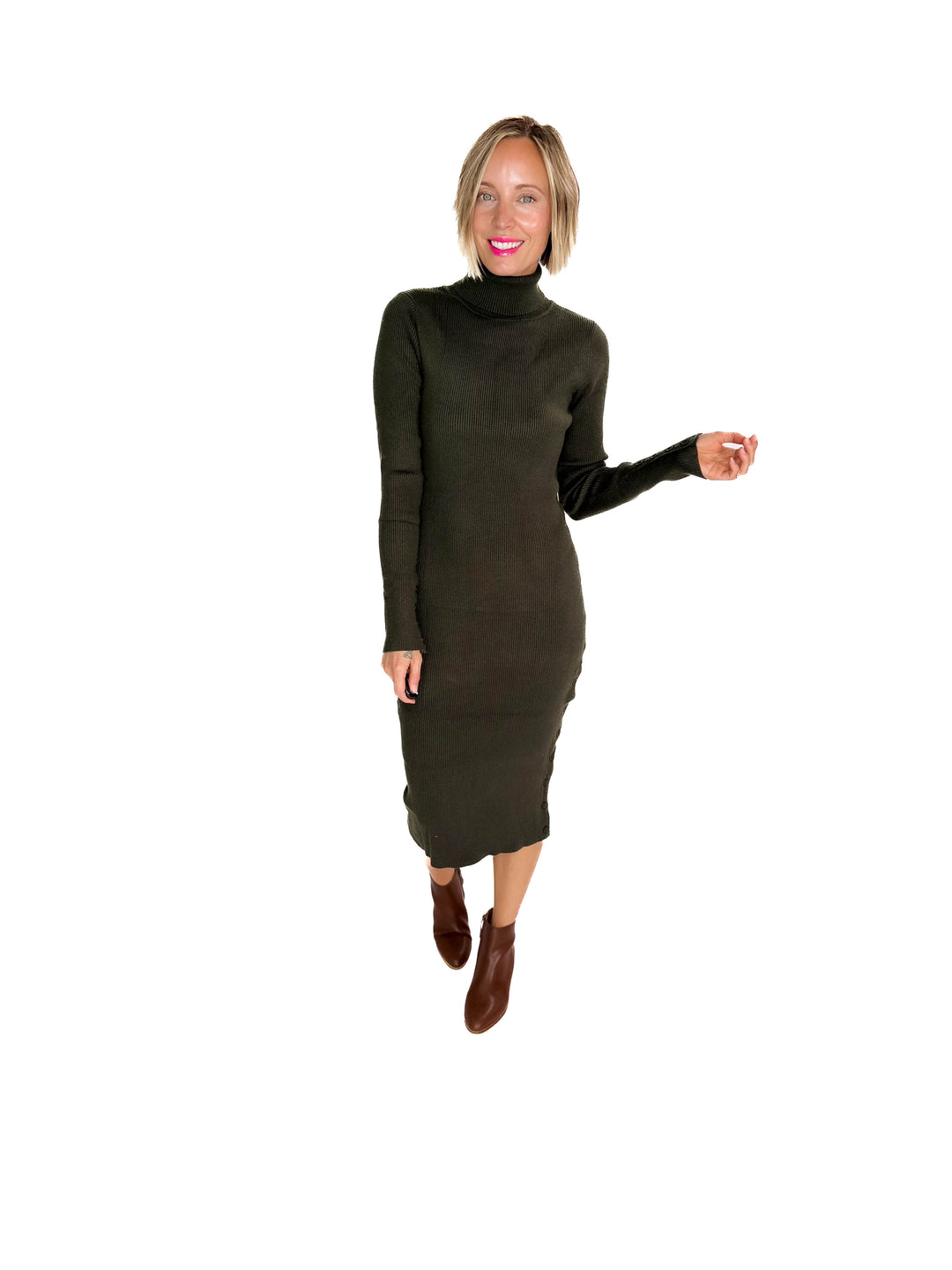 Trudee Turtleneck Midi Dress- OLIVE