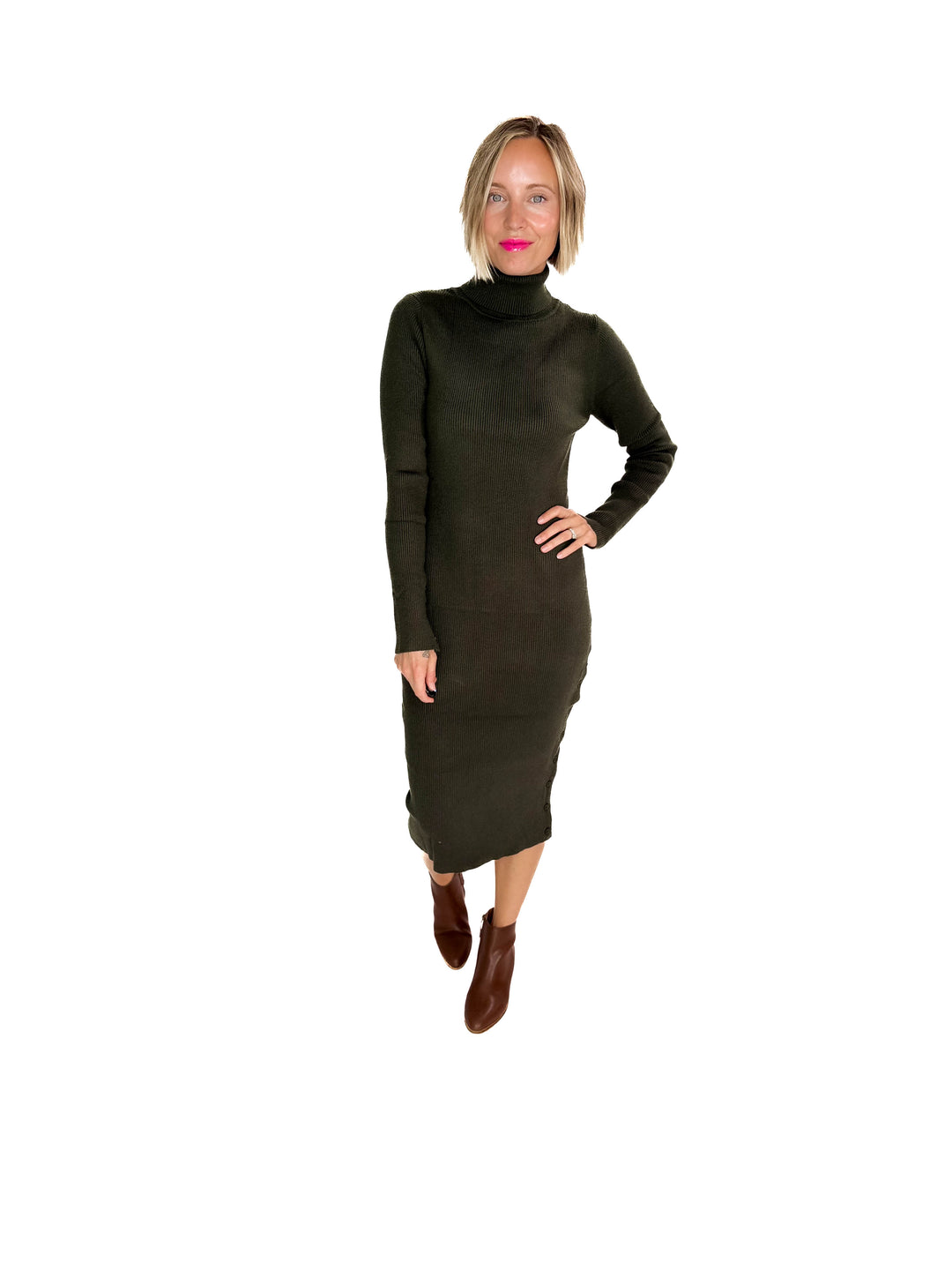 Trudee Turtleneck Midi Dress- OLIVE