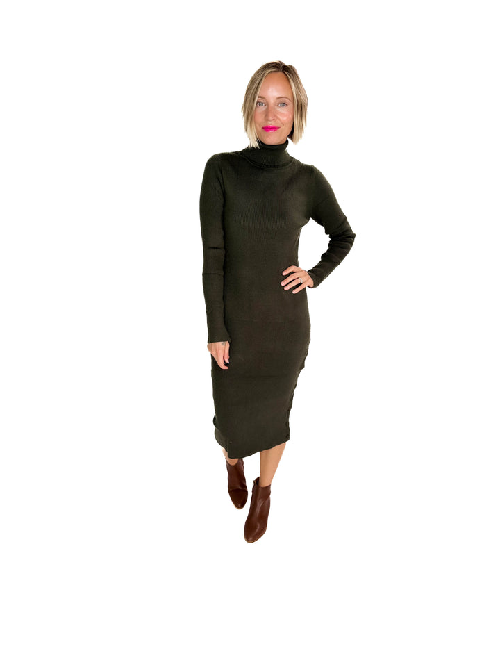 Trudee Turtleneck Midi Dress- OLIVE