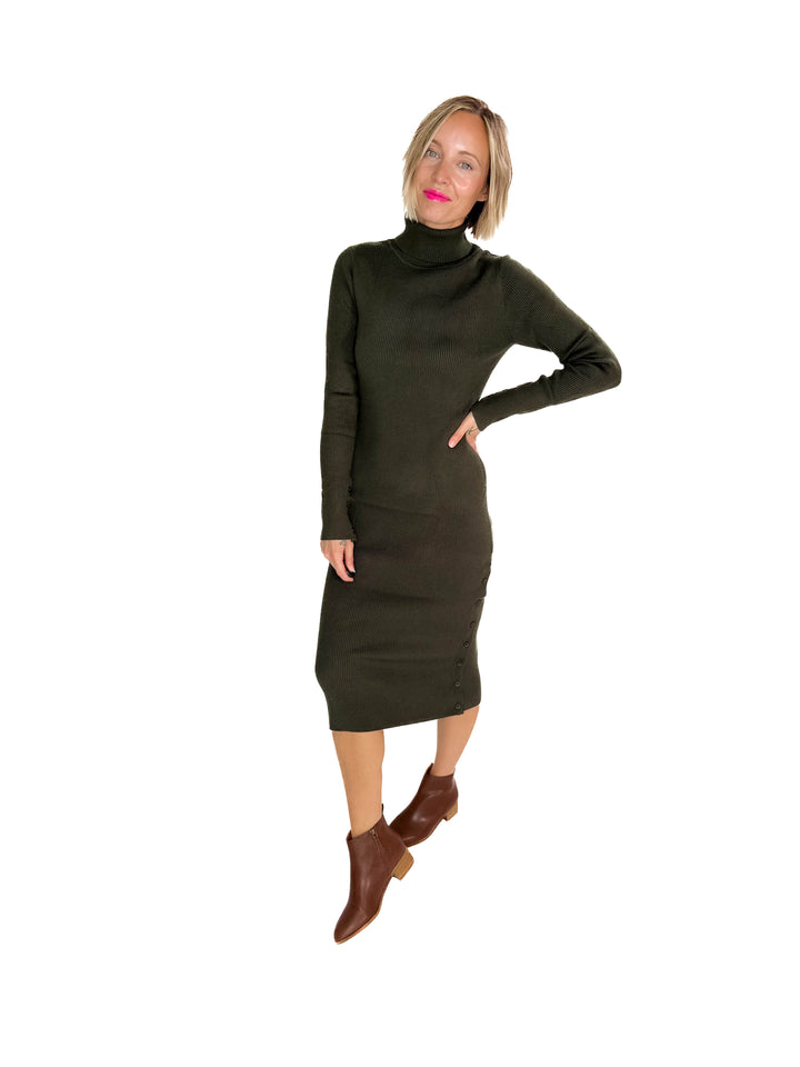 Trudee Turtleneck Midi Dress- OLIVE