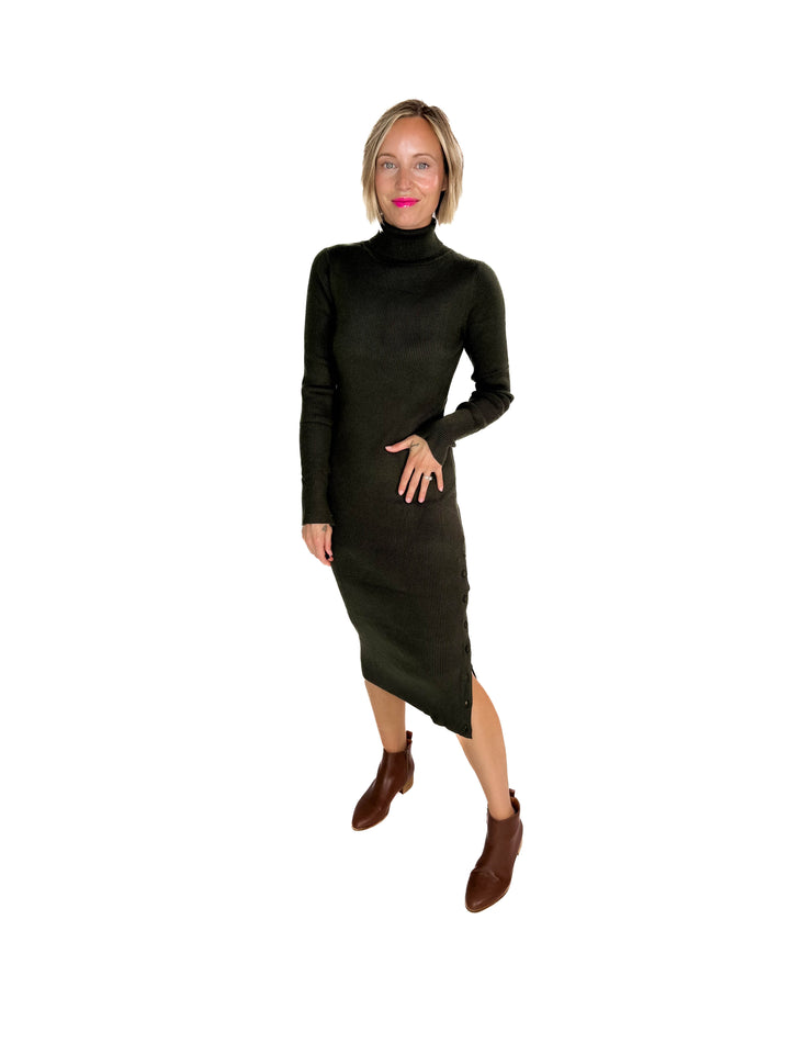 Trudee Turtleneck Midi Dress- OLIVE