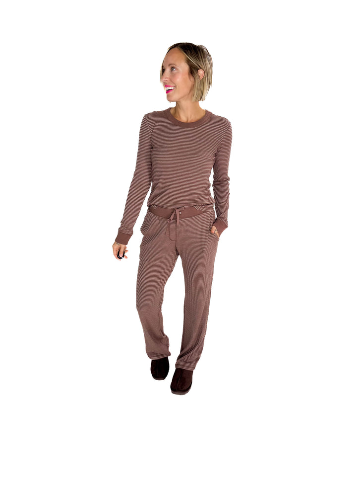 Layla Waffle Crew Neck Top- BROWN-FINAL SALE