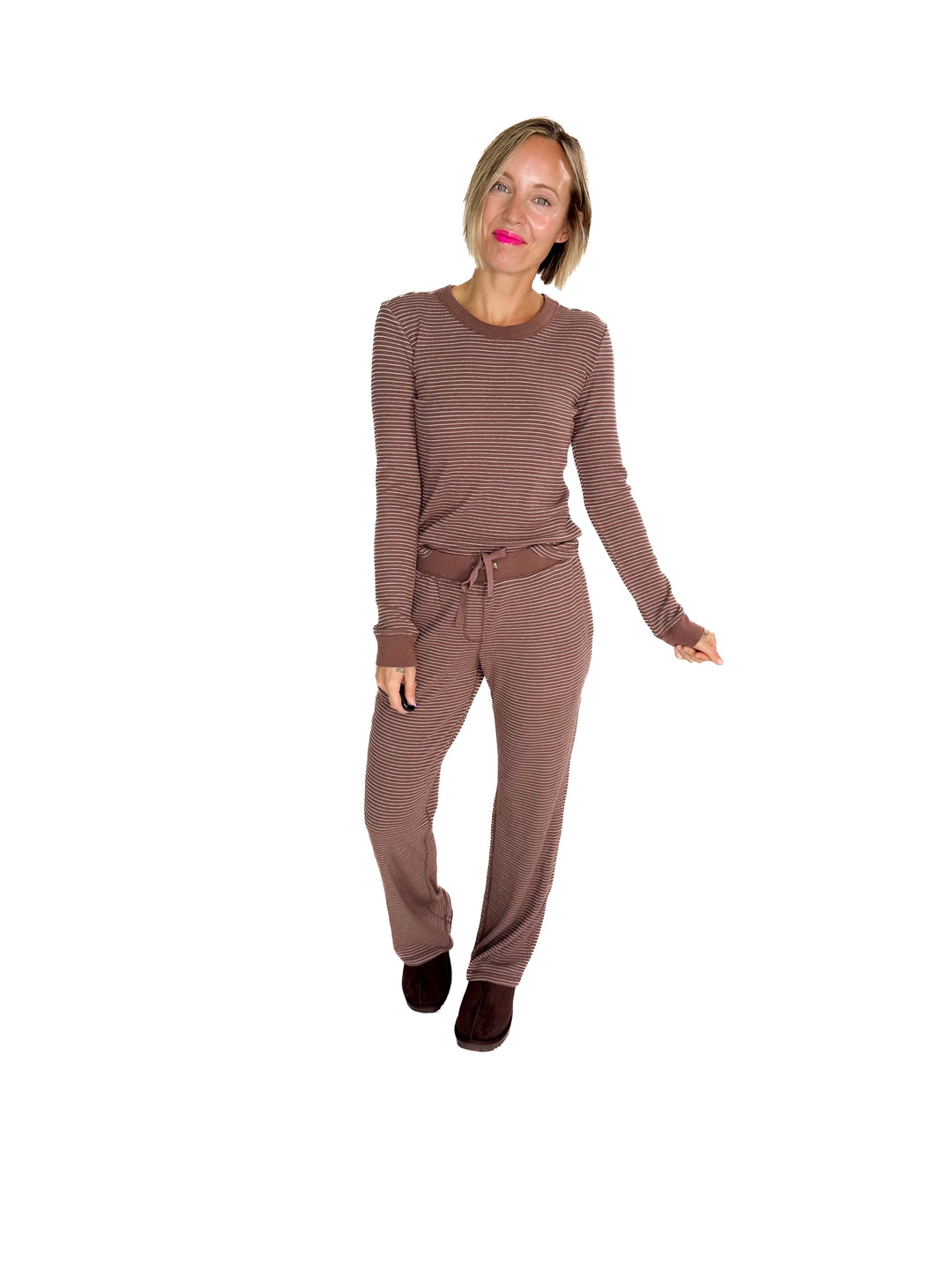 Layla Waffle Crew Neck Top- BROWN-FINAL SALE