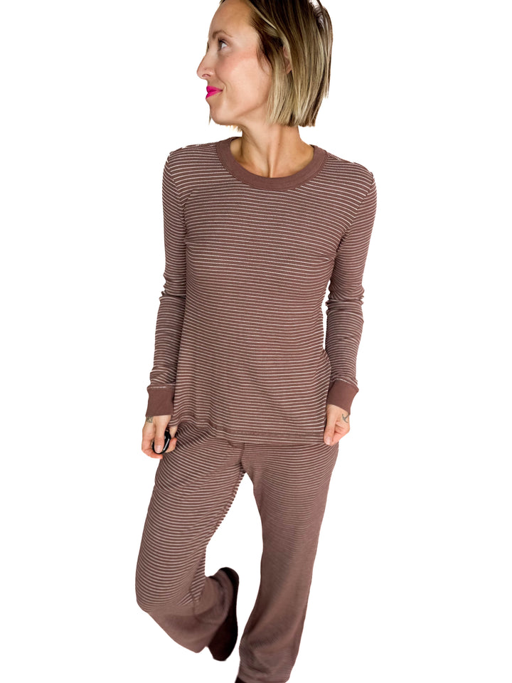 Layla Waffle Crew Neck Top- BROWN-FINAL SALE