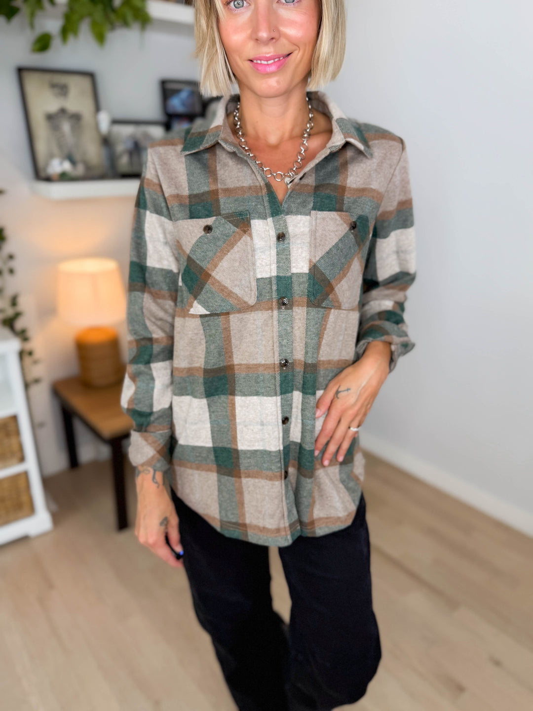 Arabella Plaid Button Up Shacket- TAN/GREEN/RUST-FINAL SALE