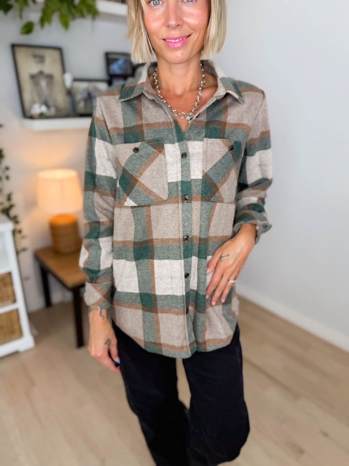 Arabella Plaid Button Up Shacket- TAN/GREEN/RUST-FINAL SALE