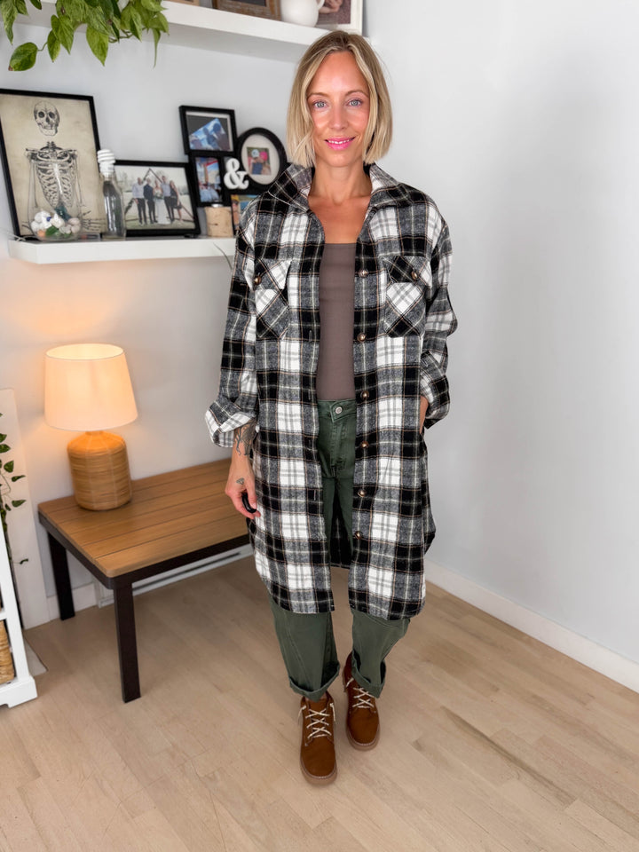 Out West Plaid Flannel Shacket- BLACK/OLIVE MUTLI-FINAL SALE