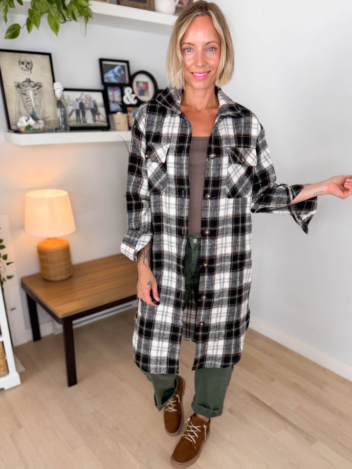 Out West Plaid Flannel Shacket- BLACK/OLIVE MUTLI-FINAL SALE