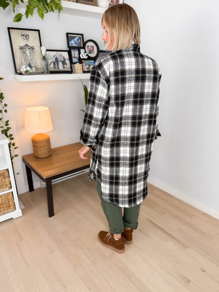 Out West Plaid Flannel Shacket- BLACK/OLIVE MUTLI-FINAL SALE