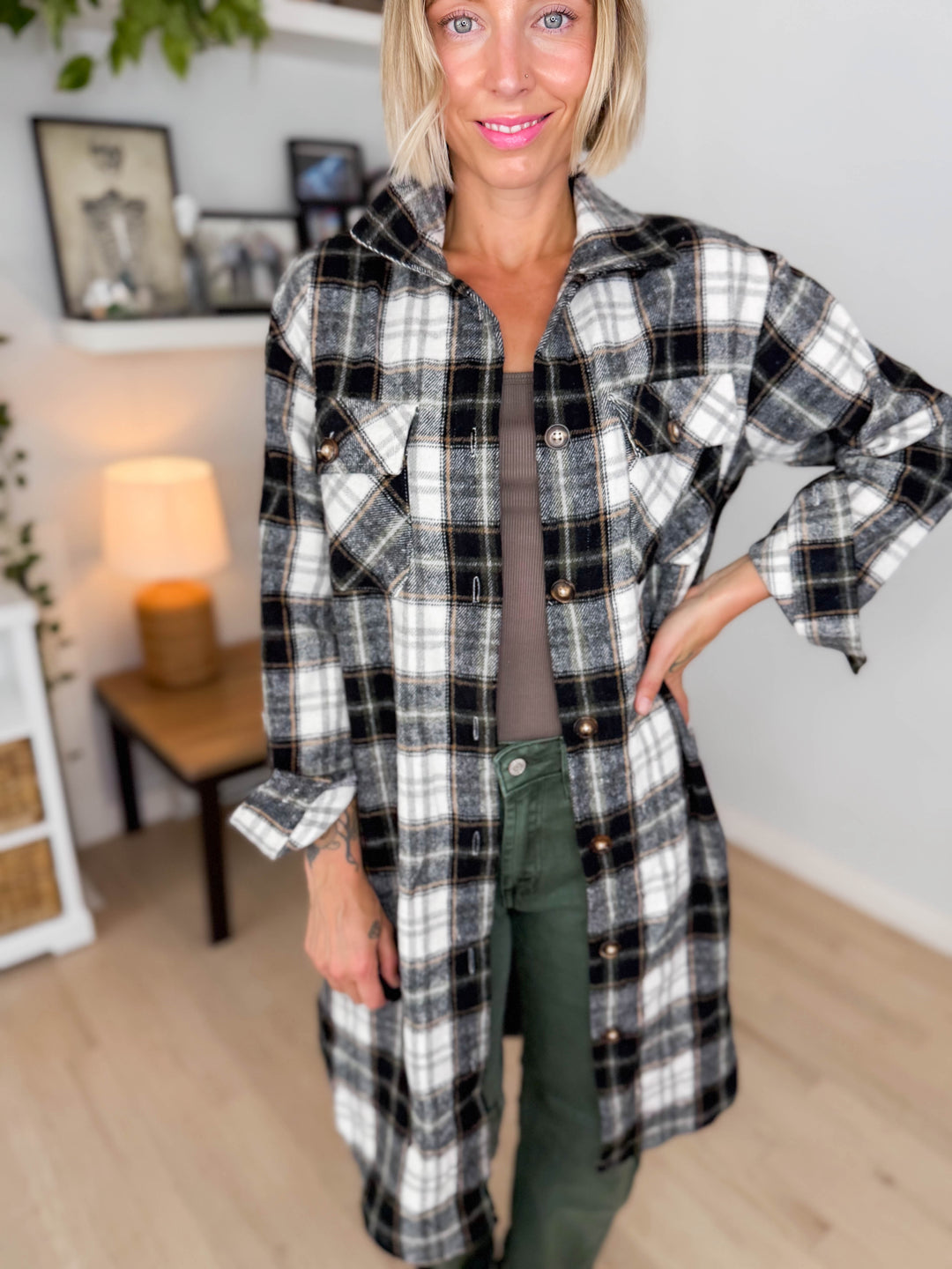 Out West Plaid Flannel Shacket- BLACK/OLIVE MUTLI-FINAL SALE