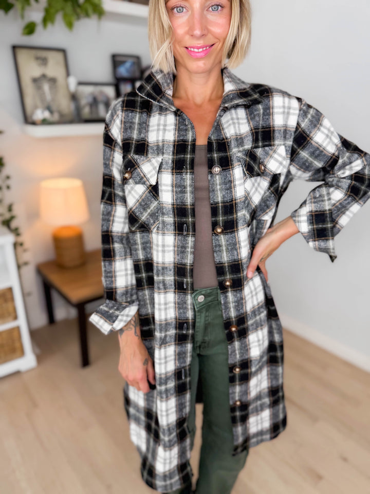 Out West Plaid Flannel Shacket- BLACK/OLIVE MUTLI-FINAL SALE