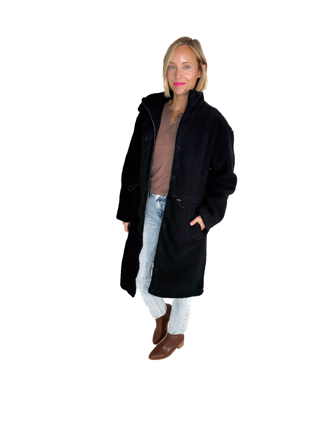 RD STYLE Mila Long Sherpa Coat- BLACK-FINAL SALE