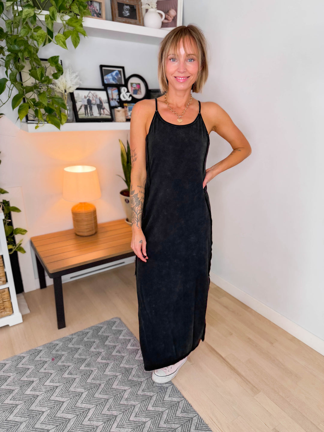 Catalina Mineral Washed Contrast Side Panel Maxi Dress- ASH BLACK