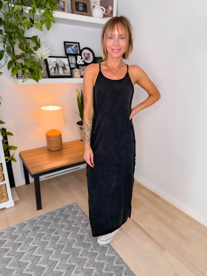 Catalina Mineral Washed Contrast Side Panel Maxi Dress- ASH BLACK