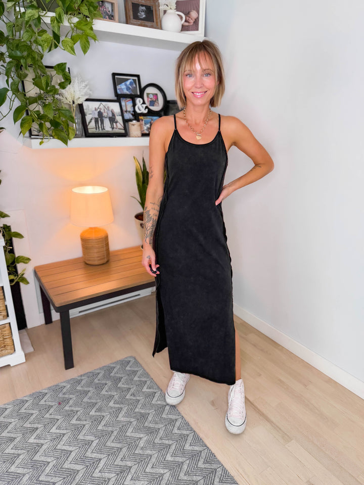 Catalina Mineral Washed Contrast Side Panel Maxi Dress- ASH BLACK