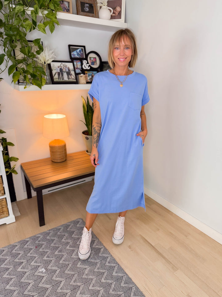 Yara Stretch Cotton Midi Dress- CORNFLOWER