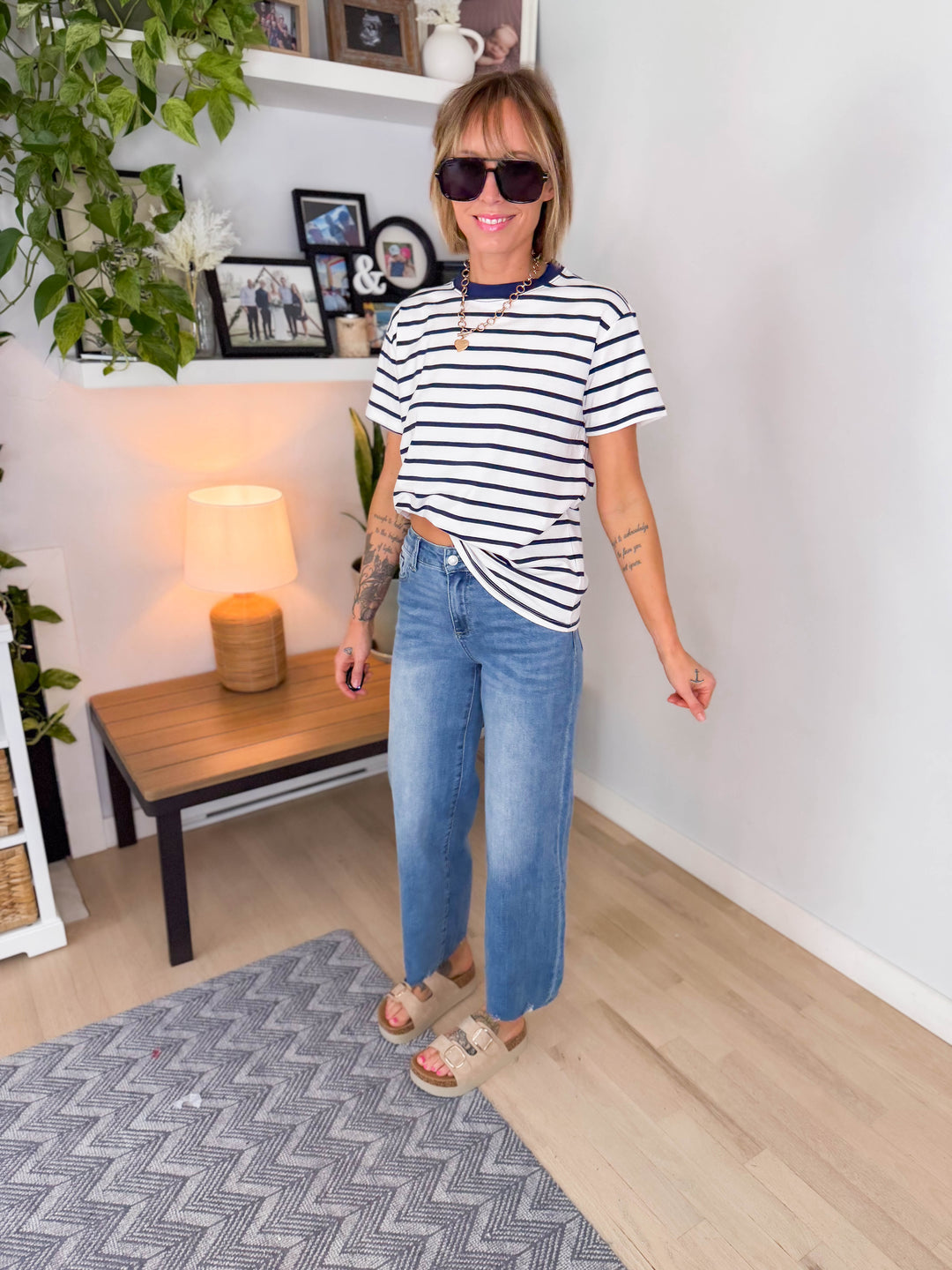 Marlene Striped Cotton T-Shirt- NAVY