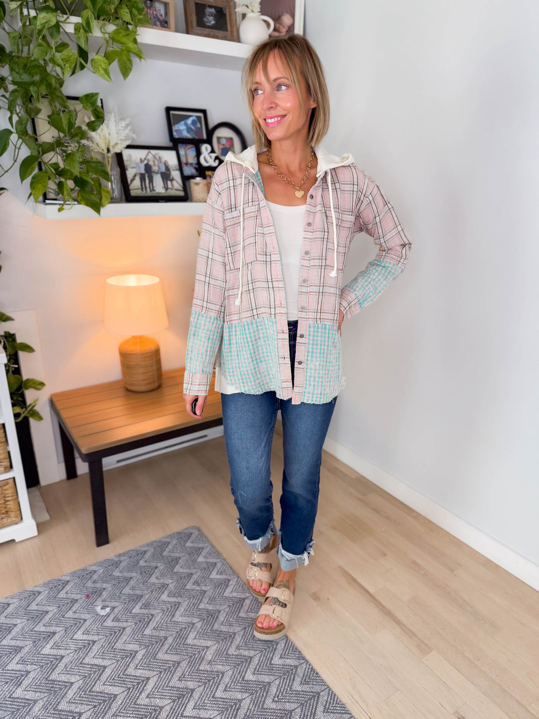 Beatrice Cotton Gauze Hooded Plaid- WASHED ROSE