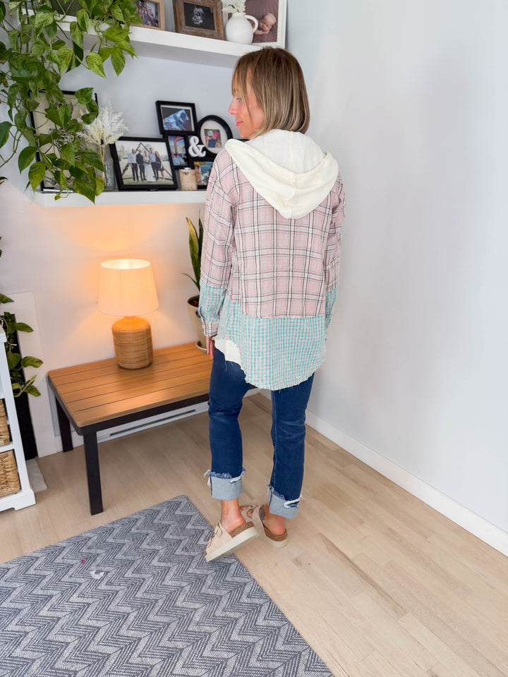 Beatrice Cotton Gauze Hooded Plaid- WASHED ROSE
