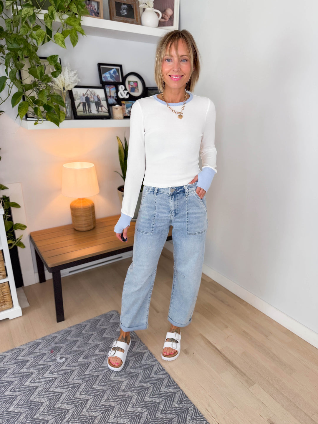 Renata Thermal Long Sleeve- WHITE/LIGHT BLUE