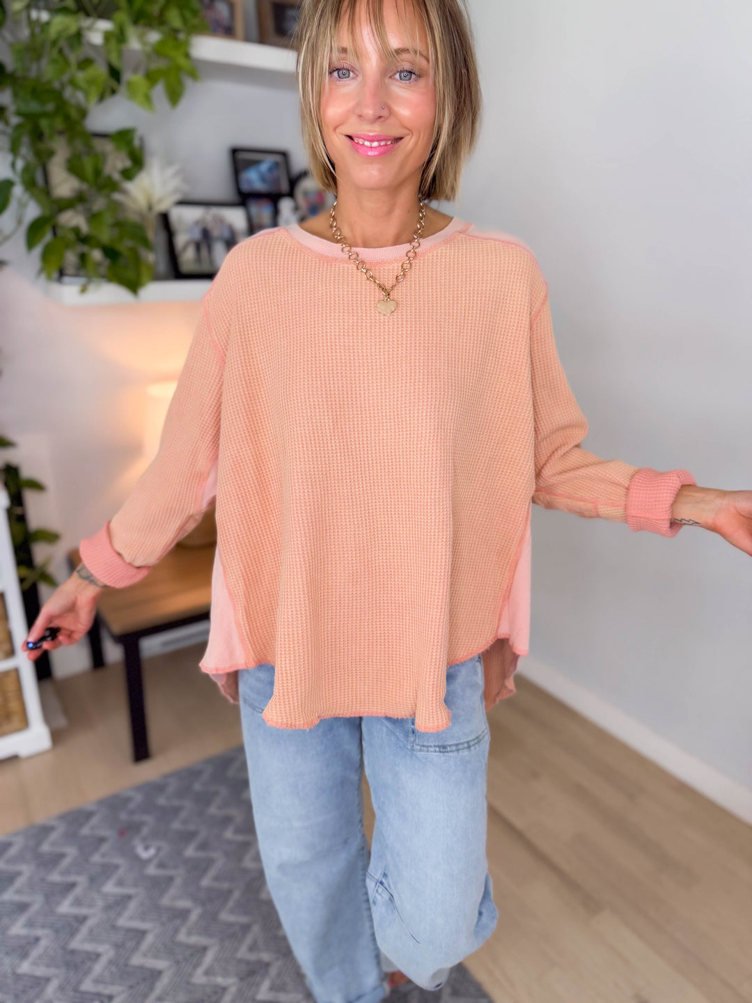 Tove Waffle Tunic Pullover- PEACH PINK-FINAL SALE *L*