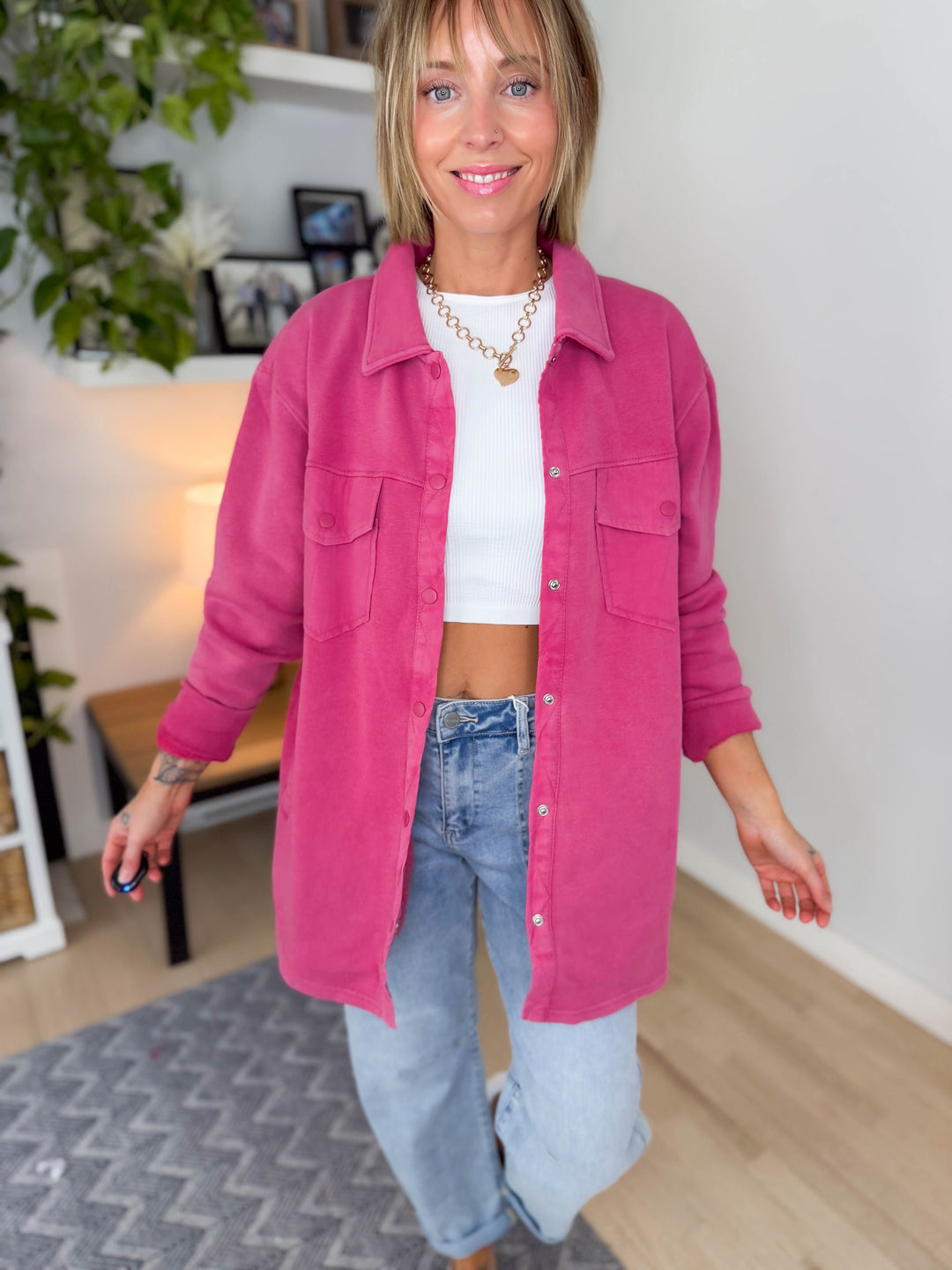 MONO B Valerie Snap on Shacket- PLUM PINK