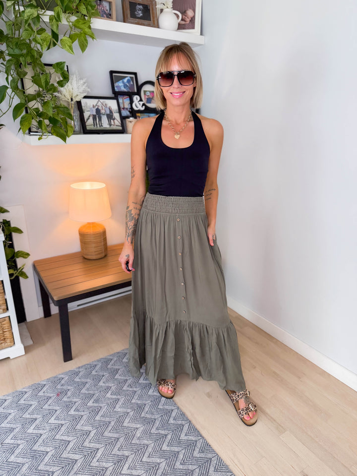 Keke Smocked Maxi Skirt- OLIVE