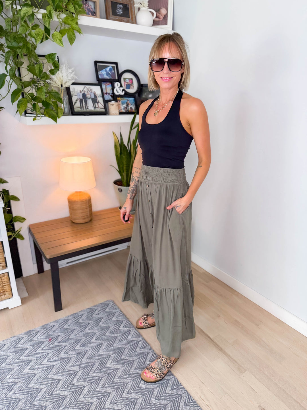 Keke Smocked Maxi Skirt- OLIVE