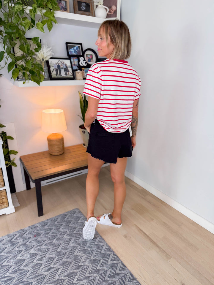 Marlene Striped Cotton T-Shirt- RUBY