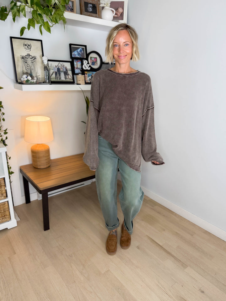 Sorel Washed Cotton Raw Edge Crewneck Sweater- DARK BROWN