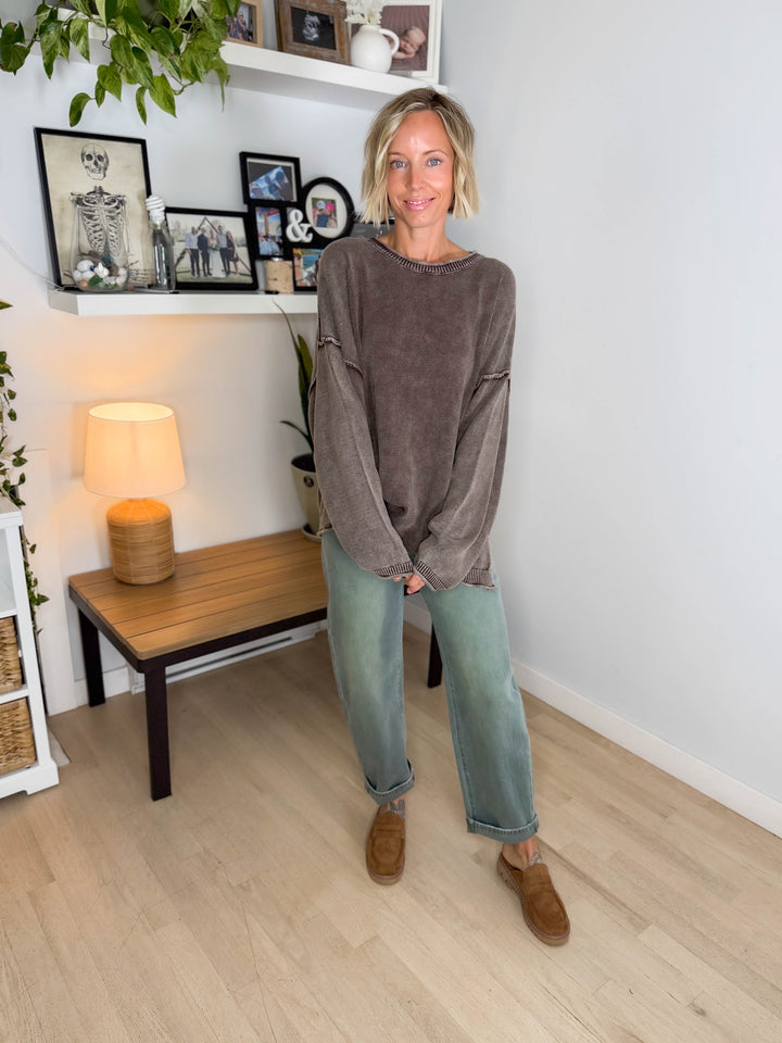 Sorel Washed Cotton Raw Edge Crewneck Sweater- DARK BROWN