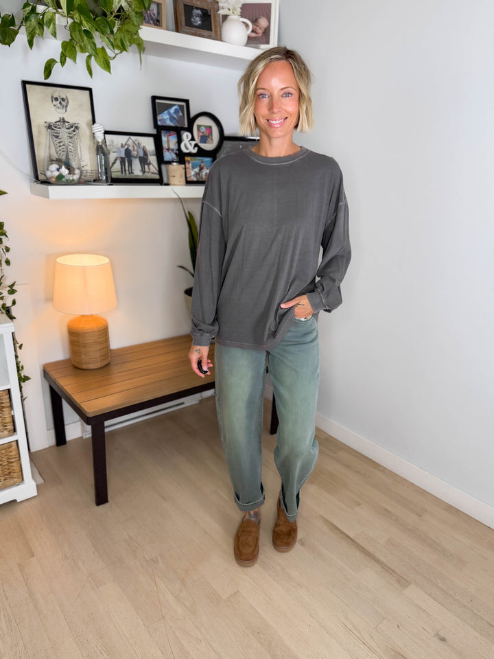 Landyn Washed Cotton Crewneck Long Sleeve- CHARCOAL