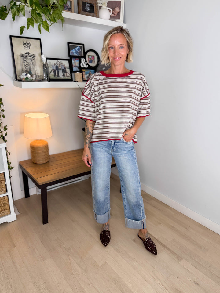 Finner Striped Short Sleeve Boxy Top- COCO STRIPE-FINAL SALE