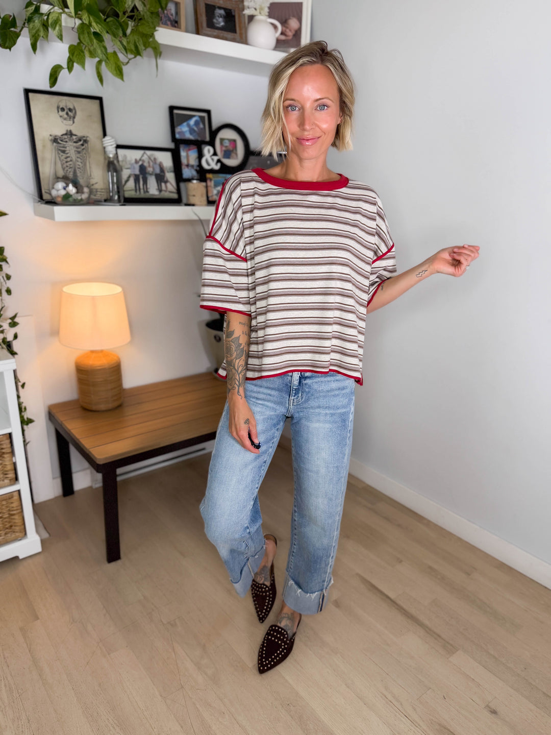 Finner Striped Short Sleeve Boxy Top- COCO STRIPE-FINAL SALE