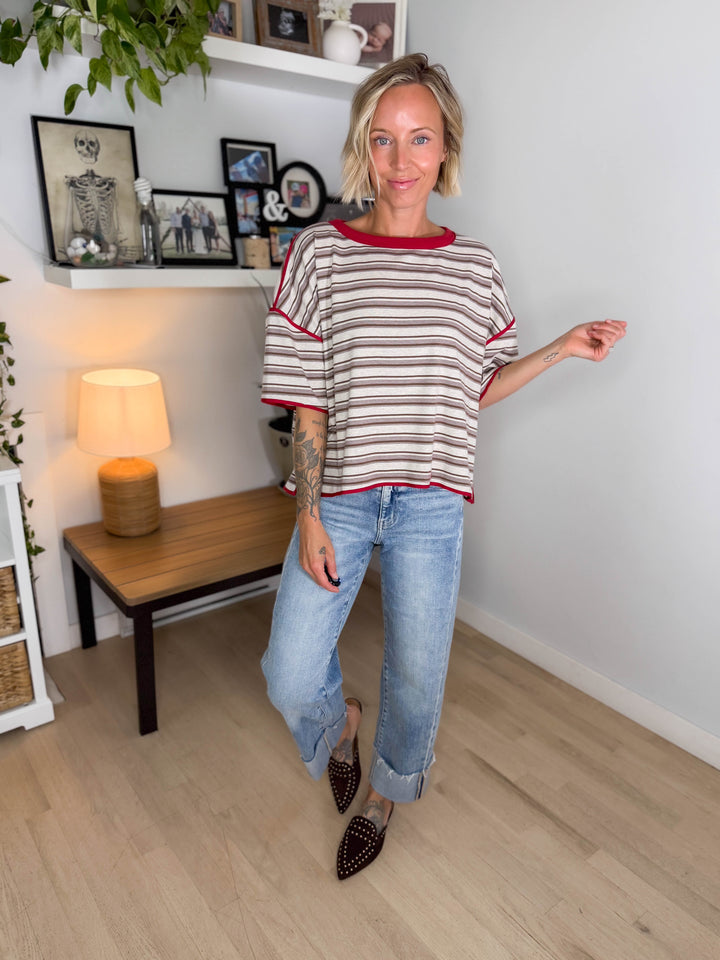 Finner Striped Short Sleeve Boxy Top- COCO STRIPE-FINAL SALE