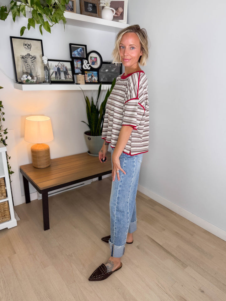 Finner Striped Short Sleeve Boxy Top- COCO STRIPE-FINAL SALE