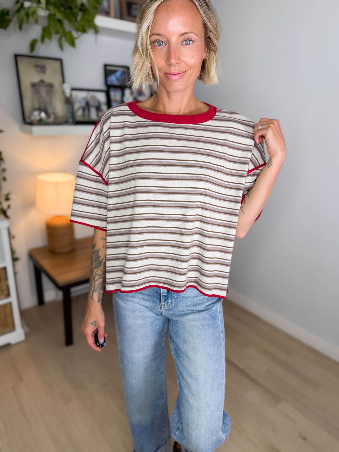 Finner Striped Short Sleeve Boxy Top- COCO STRIPE-FINAL SALE