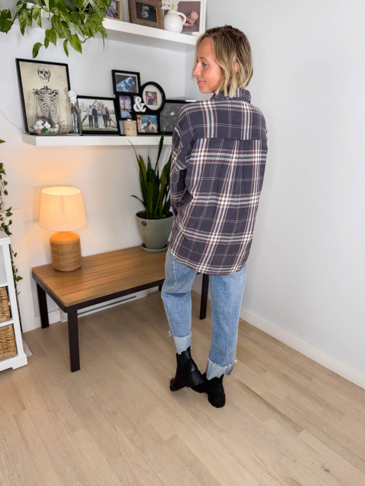 Hartleigh Washed Cotton Plaid Button Down- NAVY MULTI