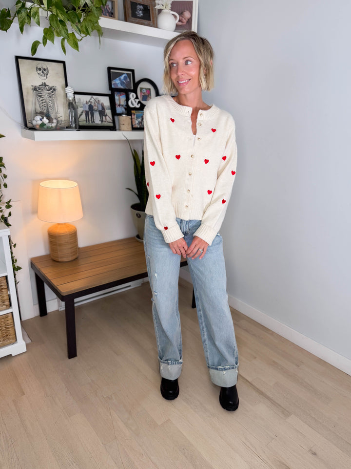 Orchard Heart Embrodiered Button Down Cardigan- ECRU