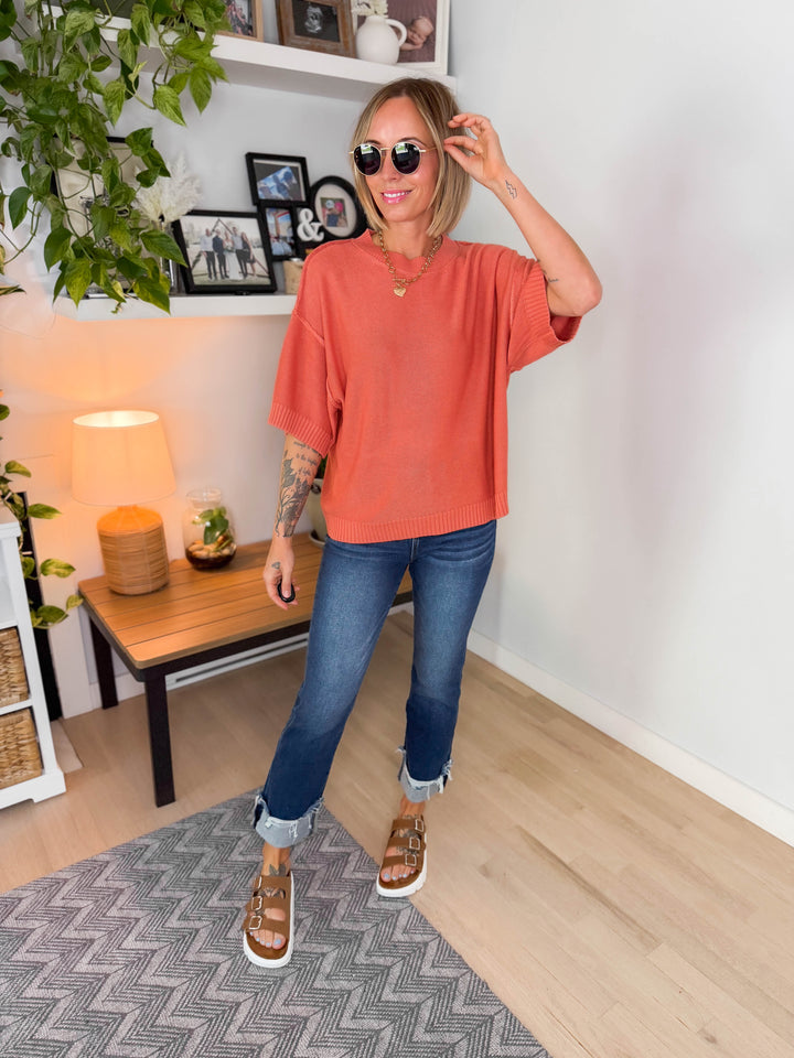 Sunspell Drop Shoulder Knit Top- POPPY