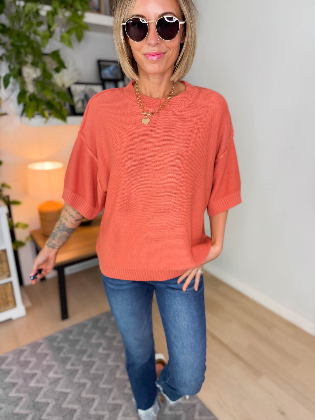 Sunspell Drop Shoulder Knit Top- POPPY