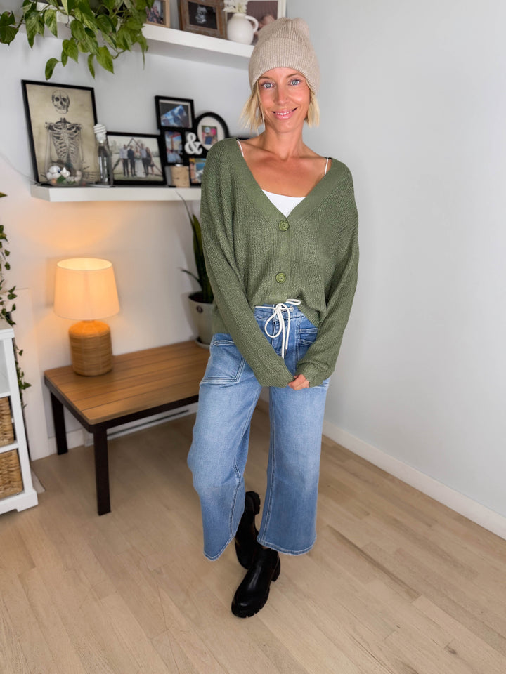 Bronte Button Down Cropped Cardigan- SAGE