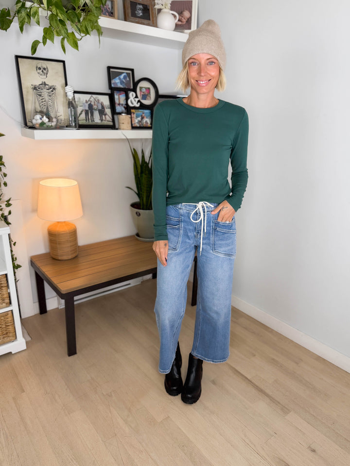 Tansy Basic Crewneck Longsleeve Knit Top- FOREST GREEN-FINAL SALE