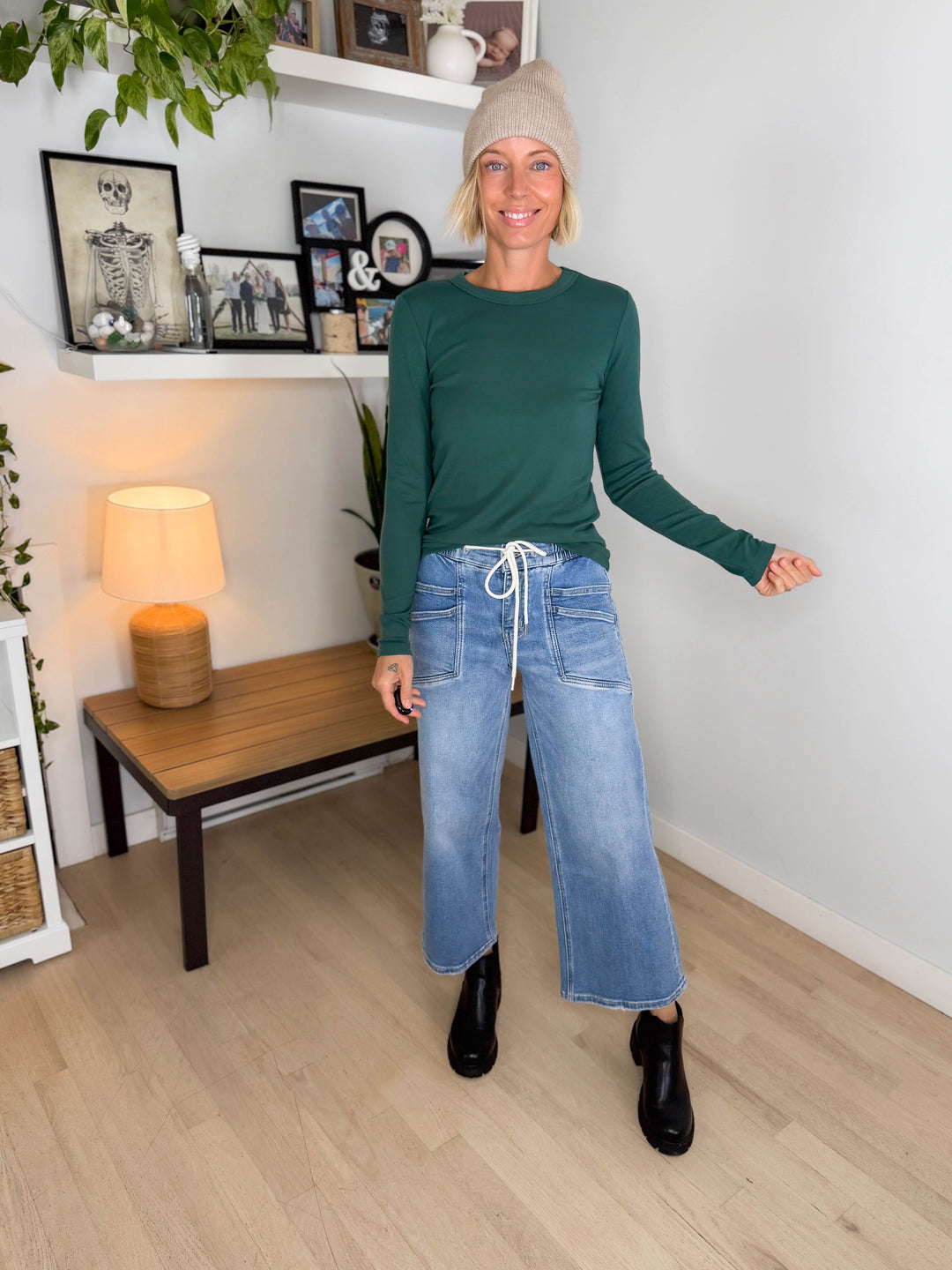 Tansy Basic Crewneck Longsleeve Knit Top- FOREST GREEN-FINAL SALE