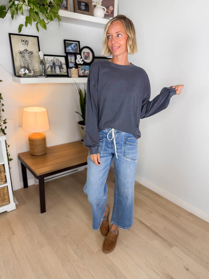 Landyn Washed Cotton Crewneck Long Sleeve- NAVY