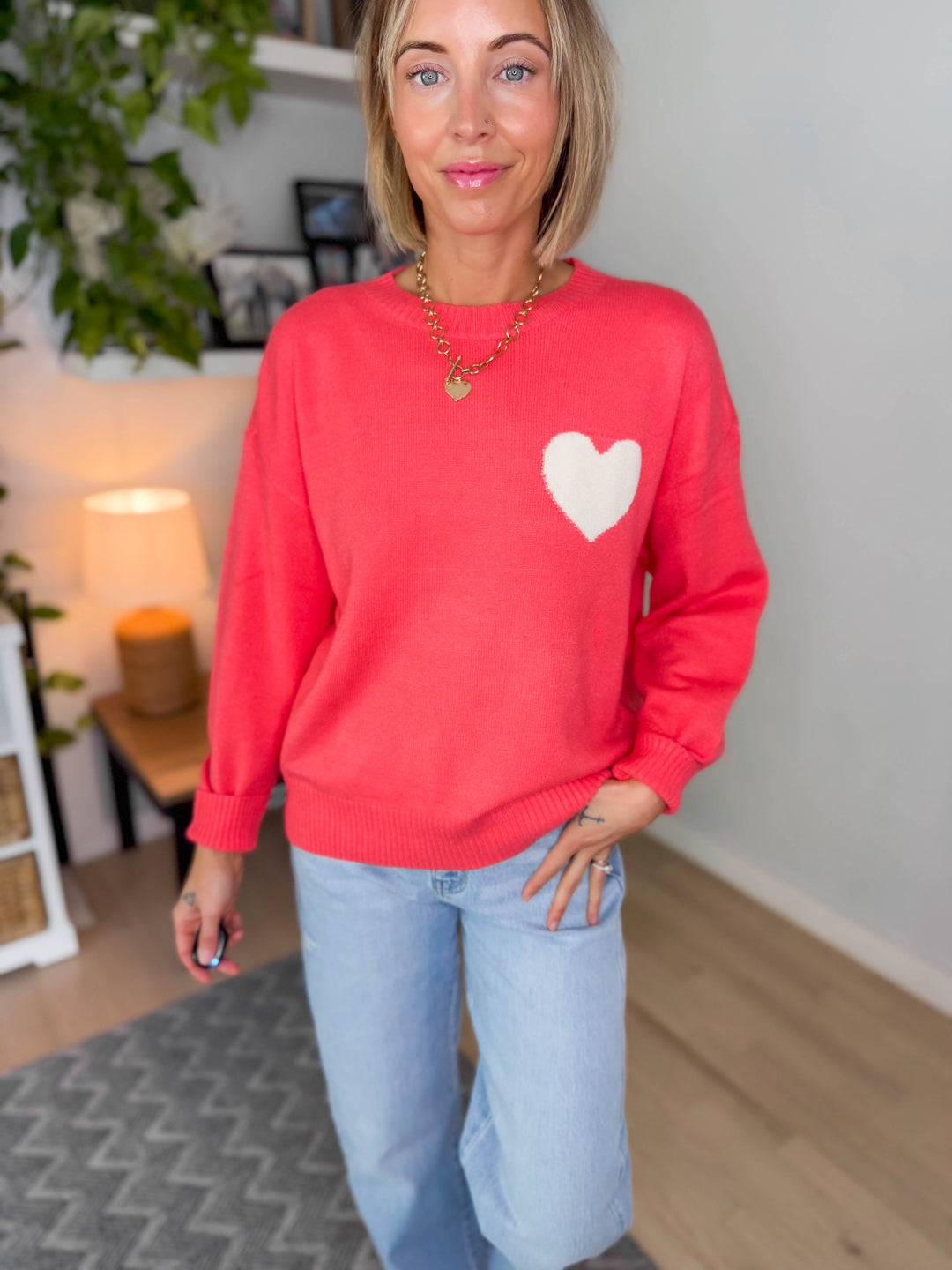 ONLY Libi Heart Sweater- SUGAR CORAL